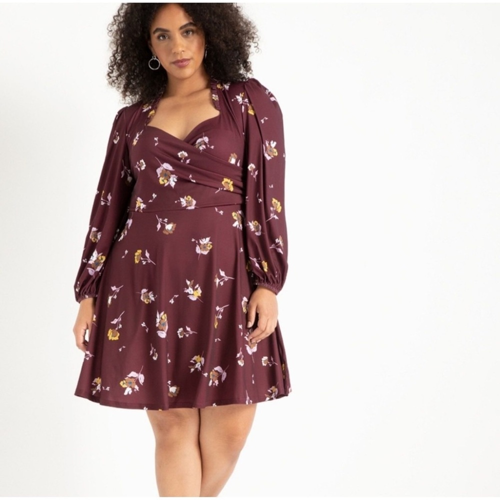 Eloquii Burgundy Floral Sweetheart Wrap Fit & Flare Dress Size 18